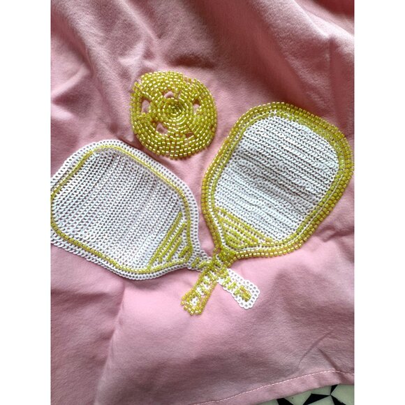Queen Of Sparkles Pink Pickleball Skirt With Sequined Paddle Design & Built-In S - Picture 2 of 4
